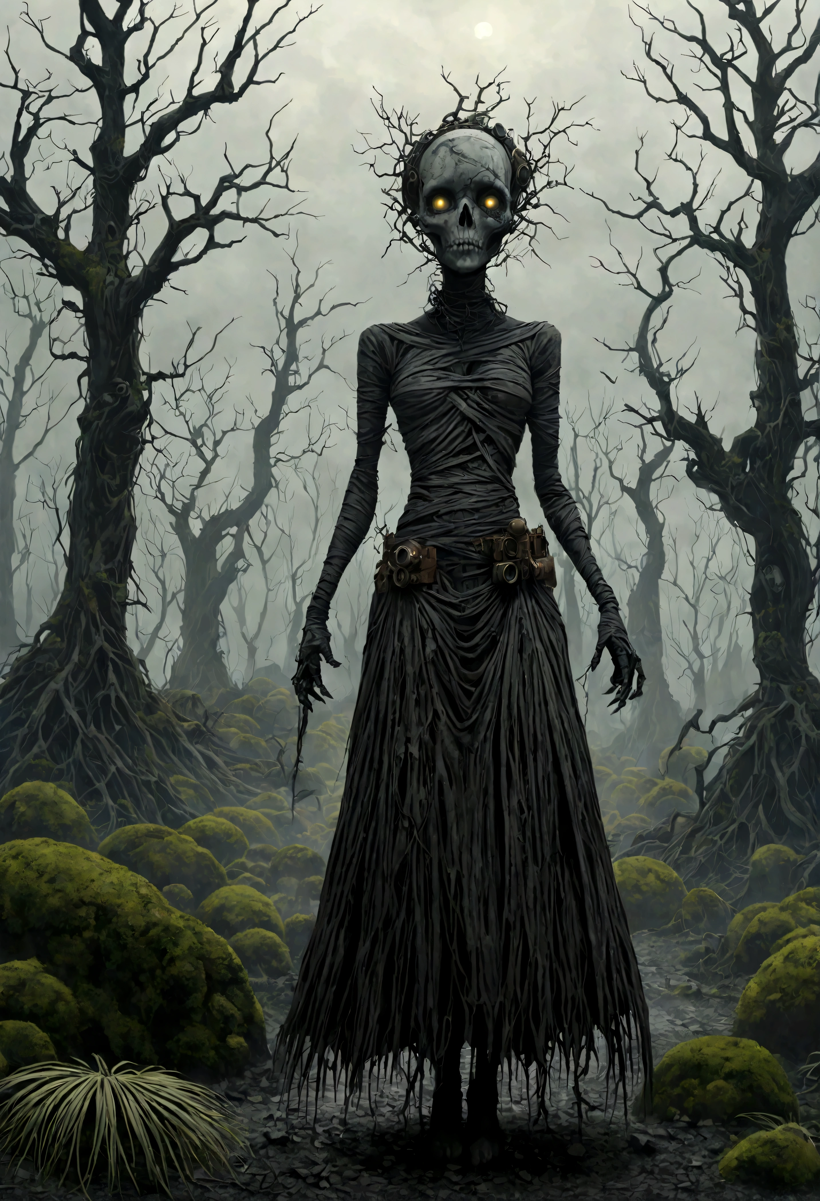 young graphite witch's mummy made of dead plants crawling out foggy Louisiana forest, radioactive atmosphere,steampunk dark horror fantasy, ominous landscapes,large number of stars fly towards the viewer,radioactive world,ruined theme,lots of toxic dust,full body length shot,once pretty face,full body length, eerie atmosphere, ethereal presence,  toxic mists, supernatural entities, sinister aura, dark and twisted branches, macabre elements, eerie and ominous lighting，Complicated detail,captivating creation,intricate details,extremely detailed,masterpiece,intricate details,eyes extremely detailed, high detailed eyes,32k resolution, Nikon Z9,like Stone Forest in Yunnan Province of China,Simon Stalenhag,Nicola Samori,Wangechi Mutu, horror movie, cinematic look, creepy aesthetic, ultra detailed, photorealistic, masterpiece, In a Tim Burton,matter plants regaining territory