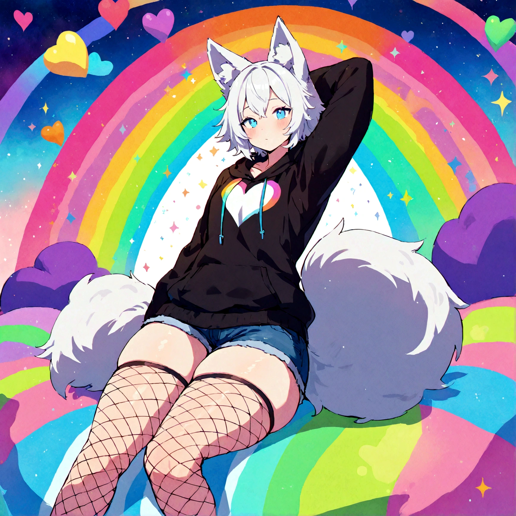 a cute adult male with wolf ears, white hair, has a wolf tail, wearing a loose cropped oversized black hoodie, wearing a pair of denim short shorts and fishnet stockings, thick thighs, wide hips, relaxing on mound of fluffy multi colored kawaii plushies, short, very slim, showing slender tummy, stretching out, heart on hoodie, squishy thighs, has glowing blue eyes. alone, solo (ALONE)(SOLO), surrounded by rainbows, colorful galaxy backround