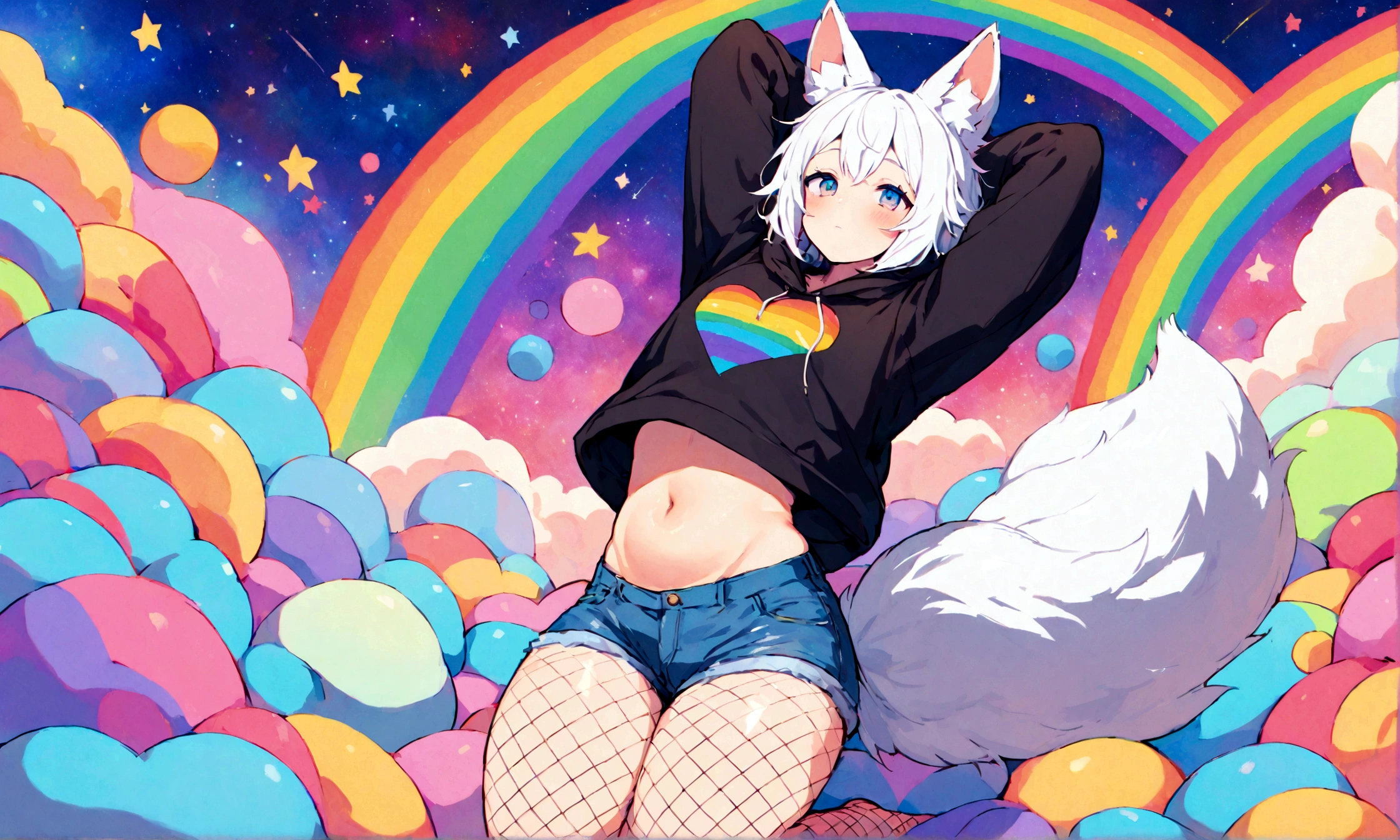 a cute adult male with wolf ears, white hair, has a wolf tail, wearing a loose cropped oversized black hoodie, wearing a pair of denim short shorts and fishnet stockings, thick thighs, wide hips, relaxing on mound of fluffy multi colored kawaii plushies, short, very slim, showing slender tummy, stretching out, heart on hoodie, squishy thighs, has glowing blue eyes. alone, solo (ALONE)(SOLO), surrounded by rainbows, colorful galaxy backround