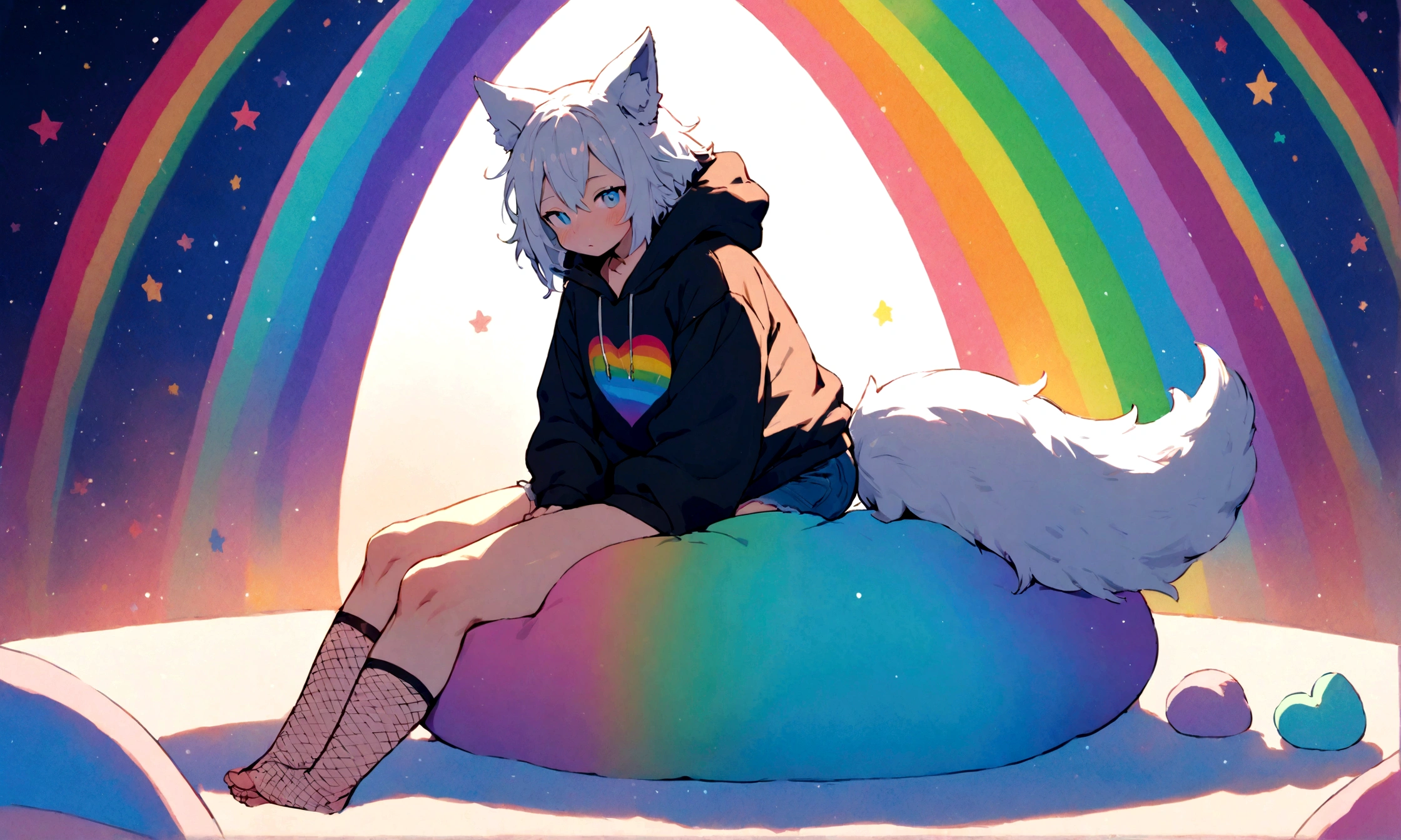 a cute adult male with wolf ears, white hair, has a wolf tail, wearing a loose cropped oversized black hoodie, wearing a pair of denim short shorts and fishnet stockings, thick thighs, wide hips, relaxing on mound of fluffy multi colored kawaii plushies, short, very slim, showing slender tummy, stretching out, heart on hoodie, squishy thighs, has glowing blue eyes. alone, solo (ALONE)(SOLO), surrounded by rainbows, colorful galaxy backround