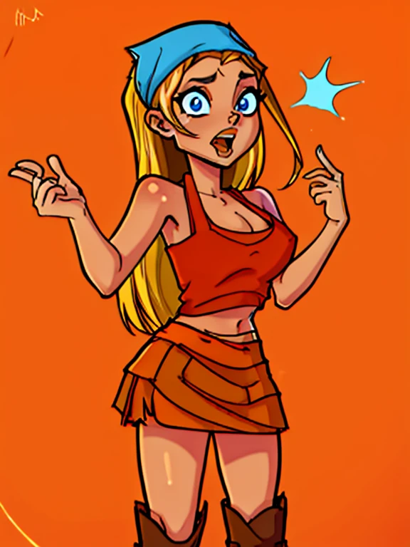 ((Best quality)), ((Masterpiece)), (detailed), (4K quality), (Detailed face:1.2), (Detailed eyes:1.2), (Perfect figure:1.2), Lindsay_Total_Drama, 1girl, blue eyes, long hair, blonde hair, bandada, head scarf, (orange tank-top, (orange skirt, short skirt), red undershirt, brown boots), open mouth,