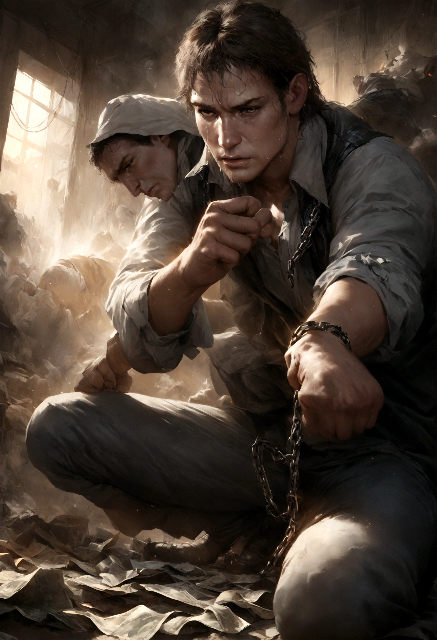 Men struggle for money, Real Photographics, Dramatic lighting, Intense expression, Determined eyes, hold fists, Sweat dripped down his face, Ruffled suit, whitout the broken chain in the floor, Crumbling dollar bills, Smoke rises in the background, Black and white with a touch of gold, Realism. (Best quality, A high resolution, Ultra-detailed), (Realistic:1.37), professional, Vivid colors.