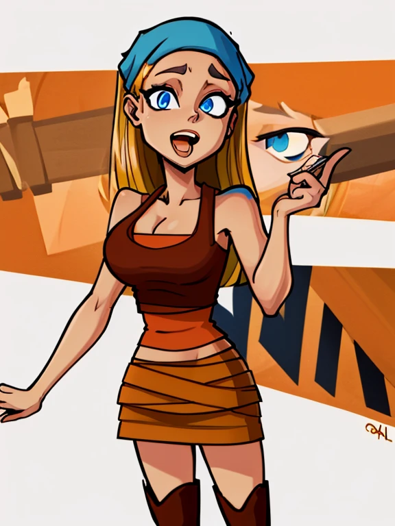 ((Best quality)), ((Masterpiece)), (detailed), (4K quality), (Detailed face:1.2), (Detailed eyes:1.2), (Perfect figure:1.2), Lindsay_Total_Drama, 1girl, blue eyes, long hair, blonde hair, bandada, head scarf, (orange tank-top, (orange skirt, short skirt), red undershirt, brown boots), open mouth,
