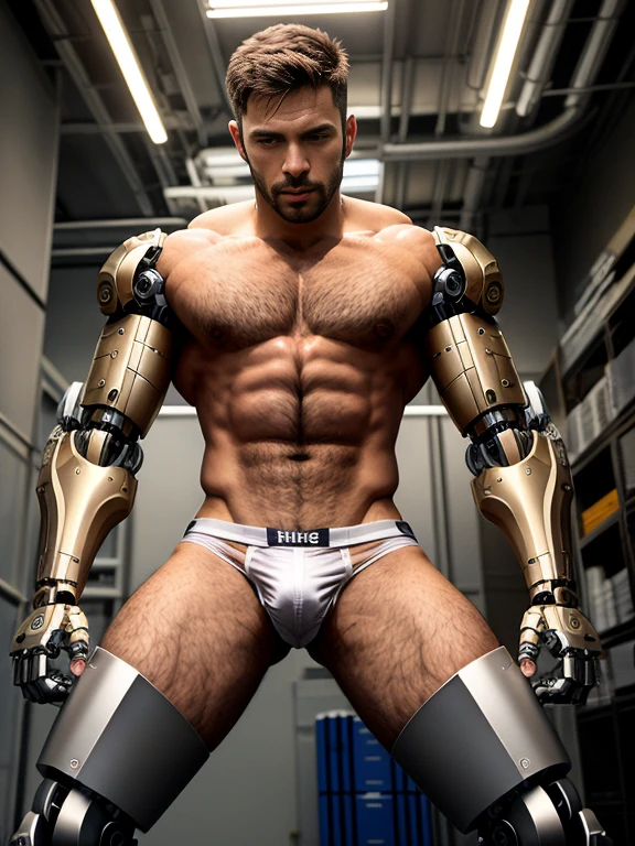 tall bionic man, corpo atletico, primeiro o rei, pelos corporais, ginger hair, barba desenhada, white speedo, LARGE BULGE IN THE UNDERWEAR, flexed biceps, robotic artificial leg prosthesis, Homem com pernas amputadas,Robotic carbon legs, gay, big buttock, ambiente de quarto, high definition, Alta qualidade e realista, show mechanical legs and foots