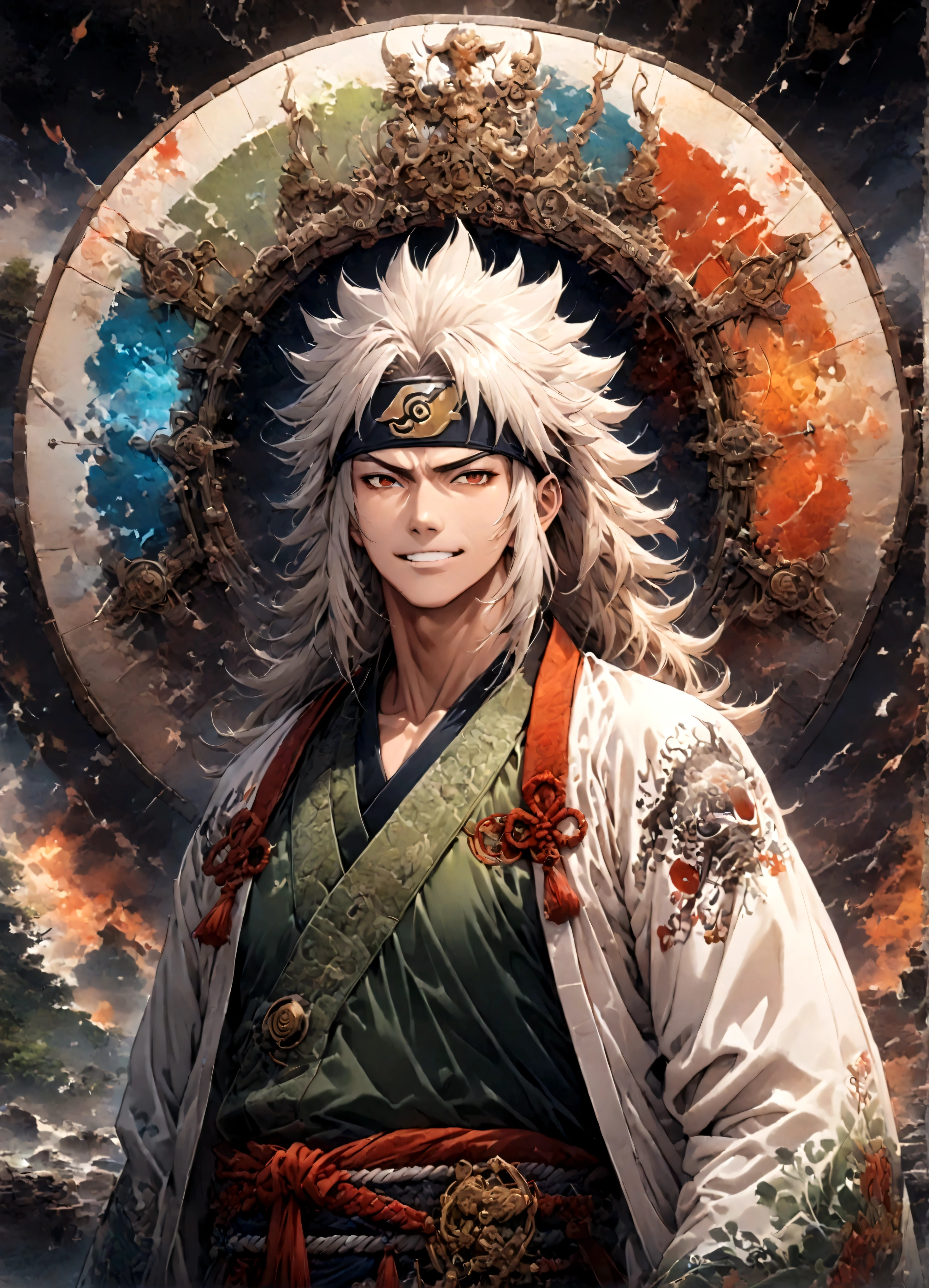 (1 middle-aged male,jiraiya,Green kimono,White Haori),solo,comics『NARUTO』Characters in,,Using Ninjutsu,Battle Style,Cynical Smile,Ninjutsu Effects,Enjoy the battle,Moderate dirt,,tattoo,Forehead protector,Digital Art,An illustration,Intricate details,Intricate details,Wide range of colors,artwork,rendering,,(highest quality:1.4),(Very detailed:1.5),High resolution,Very detailed,unity 8k wallpaper,Draw artistic background,yin and yang,Five Elements,Ninjutsu,