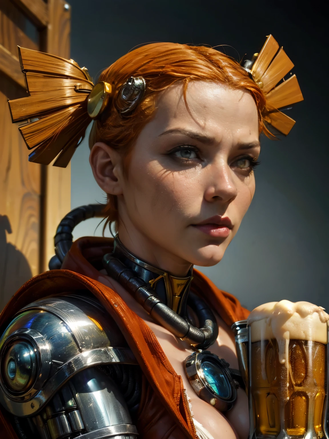 8k, (vibrant shadows), detailed eyes, (high quality), high detailed background, (realistic shadows), HD shadows, masterpiece, high detailed face, high detailed finger, young girl, mechanical arms, steampunk, red hoodrobe, techpriest, alisabl, blalisa, yellow hairpin, orange eyes, orange hair, short twintails, cinematic, realistic light, sci-fi warfield, bionic eye, wires, cyborg, beerworld