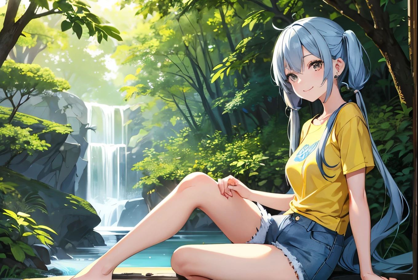 Illustration of a 25 year old woman with earrings, Light blue long hair, Beautiful girl with twin tails、Adorable smile、Yellow T-shirt and short denim shorts, She is a forest of fresh greenery(photograph)I&#39;m walking in、She is accompanied by her beloved Shiba Inu dog.、White clouds in blue sky、Bright smile、Rabbits and squirrels、Beautiful butterflies are waiting、Digital illustration style, Manga style illustration, Beautiful art style, trending on artstration, Beautiful digital illustrations, Beautiful digital art, Cartoon Art Style, Cute and detailed digital art, Exquisite digital illustrations, Cute design, Great art style, Vector Art Style, Digital anime illustration, 2D illustration