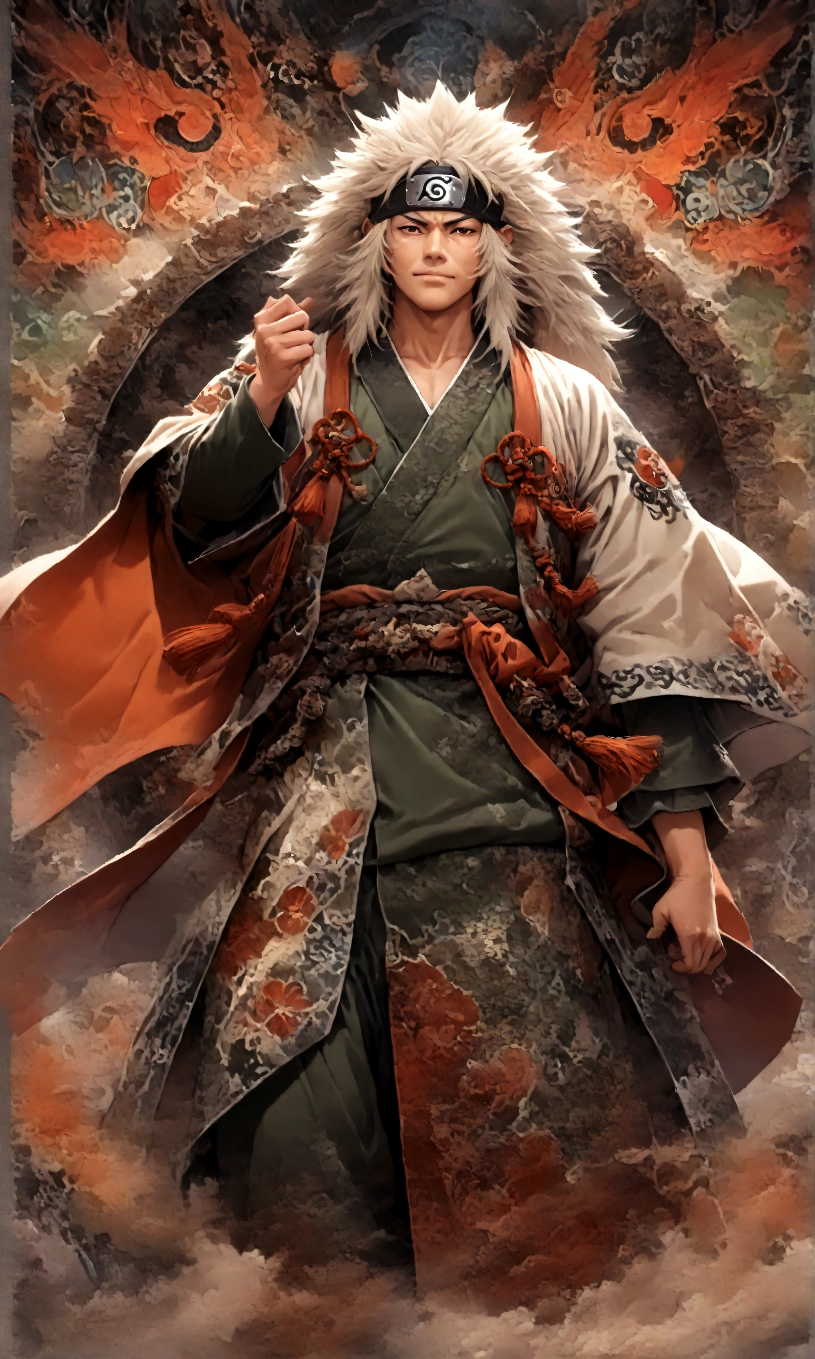 (1 middle-aged male,jiraiya,Green kimono,White Haori),solo,comics『NARUTO』Characters in,,Using Ninjutsu,Battle Style,Cynical Smile,Ninjutsu Effects,Enjoy the battle,Moderate dirt,,tattoo,Forehead protector,Digital Art,An illustration,Intricate details,Intricate details,Wide range of colors,artwork,rendering,,(highest quality:1.4),(Very detailed:1.5),High resolution,Very detailed,unity 8k wallpaper,Draw artistic background,yin and yang,Five Elements,Ninjutsu,