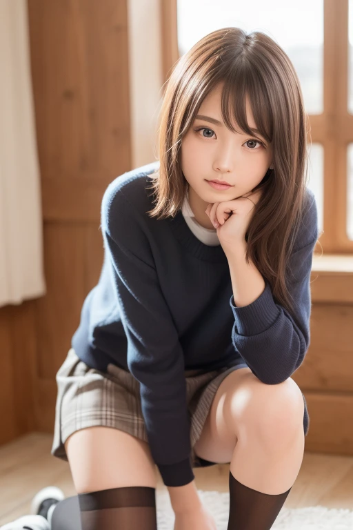 (Happy expression:1.26)、Raw photo、(((The ultimate beauty full-body photography)))、((Glowing Skin))、1 girl、Beautiful 17 year old girl from Prague、Bright expression、((Brown haired))、Girl in sweatshirt、Checkered pleated skirt、View from the floor、(Long stockings or pantyhose)、(Under the skirt)、Spread your legs、Crouch down、Contrapuntal Shot、((Ultra-detailed))、(Perfectly detailed face)、(Detailed hands)、(Detailed fingers)、(Excellent human ???????)、Photorealistic images、((masterpiece、最high quality、Ultra-detailed、Film Light、Intricate details、High resolution、Very detailed))、Detailed Background、8KUHD、Digital SLR、Soft Light、high quality、Film Grain、Fujifilm XT3 、Shallow depth of field、Natural soft light、Kamimei、