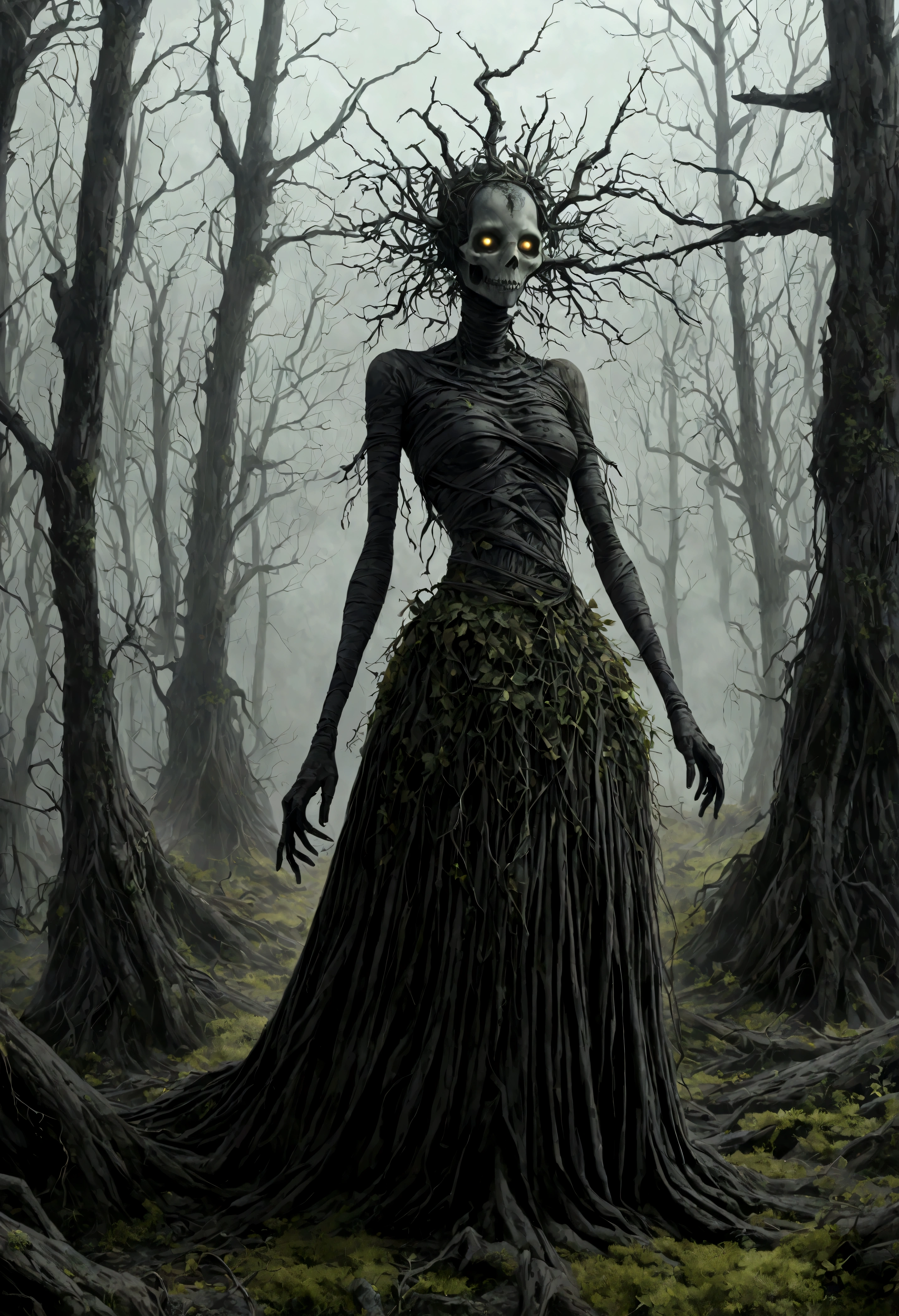 young graphite witch's mummy made of dead plants crawling out foggy Louisiana forest, radioactive atmosphere,steampunk dark horror fantasy, ominous landscapes,large number of stars fly towards the viewer,radioactive world,ruined theme,lots of toxic dust,full body length shot,once pretty face,full body length, eerie atmosphere, ethereal presence, toxic mists, supernatural entities, sinister aura, dark and twisted branches, macabre elements, eerie and ominous lighting,Complicated detail,captivating creation,intricate details,extremely detailed,masterpiece,intricate details,eyes extremely detailed, high detailed eyes,32k resolution, Nikon Z9,like Stone Forest in Yunnan Province of China,Simon Stalenhag,Nicola Samori,Wangechi Mutu, horror movie, cinematic look, creepy aesthetic, ultra detailed, photorealistic, masterpiece, In a Tim Burton,matter plants regaining territory