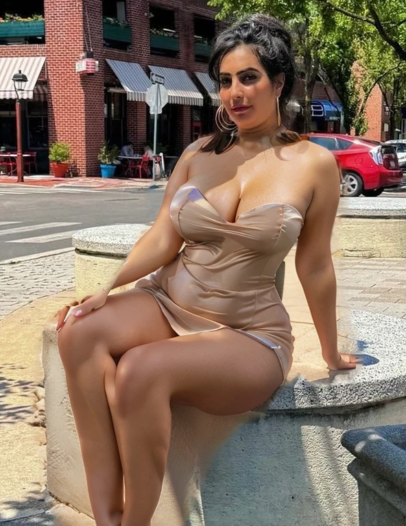 A strapless see through summer dress, curvy figures, deep cleavage, Arab skin tone, very short short dress, low cut, big cleavage, legs, thighs, upper thighs exposed, photorealistic, 8k, highly detailed, hyper realistic, fashion portrait