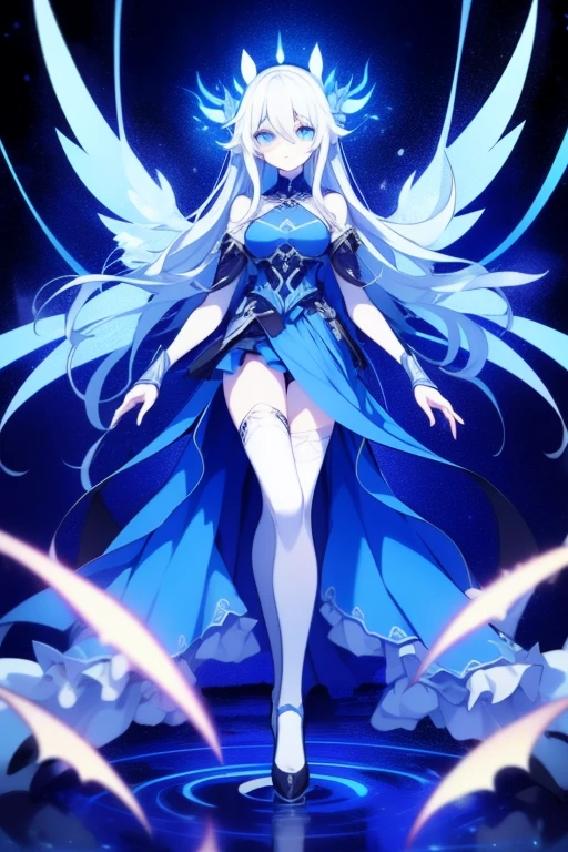 Girl, K HD, 4K, expressionless, anime style, blue eyes, white hair, ((full body)), puzzled eyes, (deformer character) Masterpiece, highest quality, ultra-definition, 4K, ultra-definition illustration, high resolution Beautiful face and eyes , light blue color scheme, lighting, fantasy, solemn atmosphere, long hair, waving hair, smile, fighting posture, dynamic pose, particle light, luminescence, plasma, electric current, blue flame, sense of depth, dynamic angle,angel wing, lotus position,