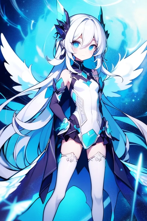 Girl, K HD, 4K, expressionless, anime style, blue eyes, white hair, ((full body)), puzzled eyes, (deformer character) Masterpiece, highest quality, ultra-definition, 4K, ultra-definition illustration, high resolution Beautiful face and eyes , light blue color scheme, lighting, fantasy, solemn atmosphere, long hair, waving hair, smile, fighting posture, dynamic pose, particle light, luminescence, plasma, electric current, blue flame, sense of depth, dynamic angle,angel wing, lotus position