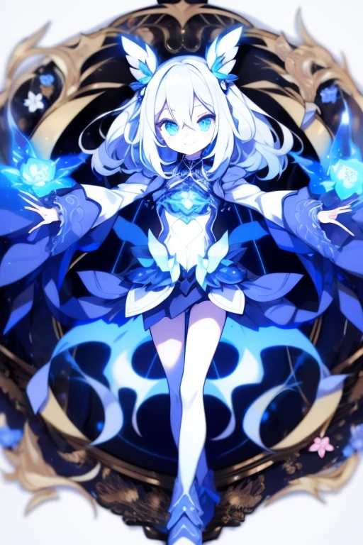 Girl, K HD, 4K, expressionless, anime style, blue eyes, white hair, ((full body)), puzzled eyes, (deformer character) Masterpiece, highest quality, ultra-definition, 4K, ultra-definition illustration, high resolution Beautiful face and eyes , light blue color scheme, lighting, fantasy, solemn atmosphere, long hair, waving hair, smile, fighting posture, dynamic pose, particle light, luminescence, plasma, electric current, blue flame, sense of depth, dynamic angle,angel wing, lotus position