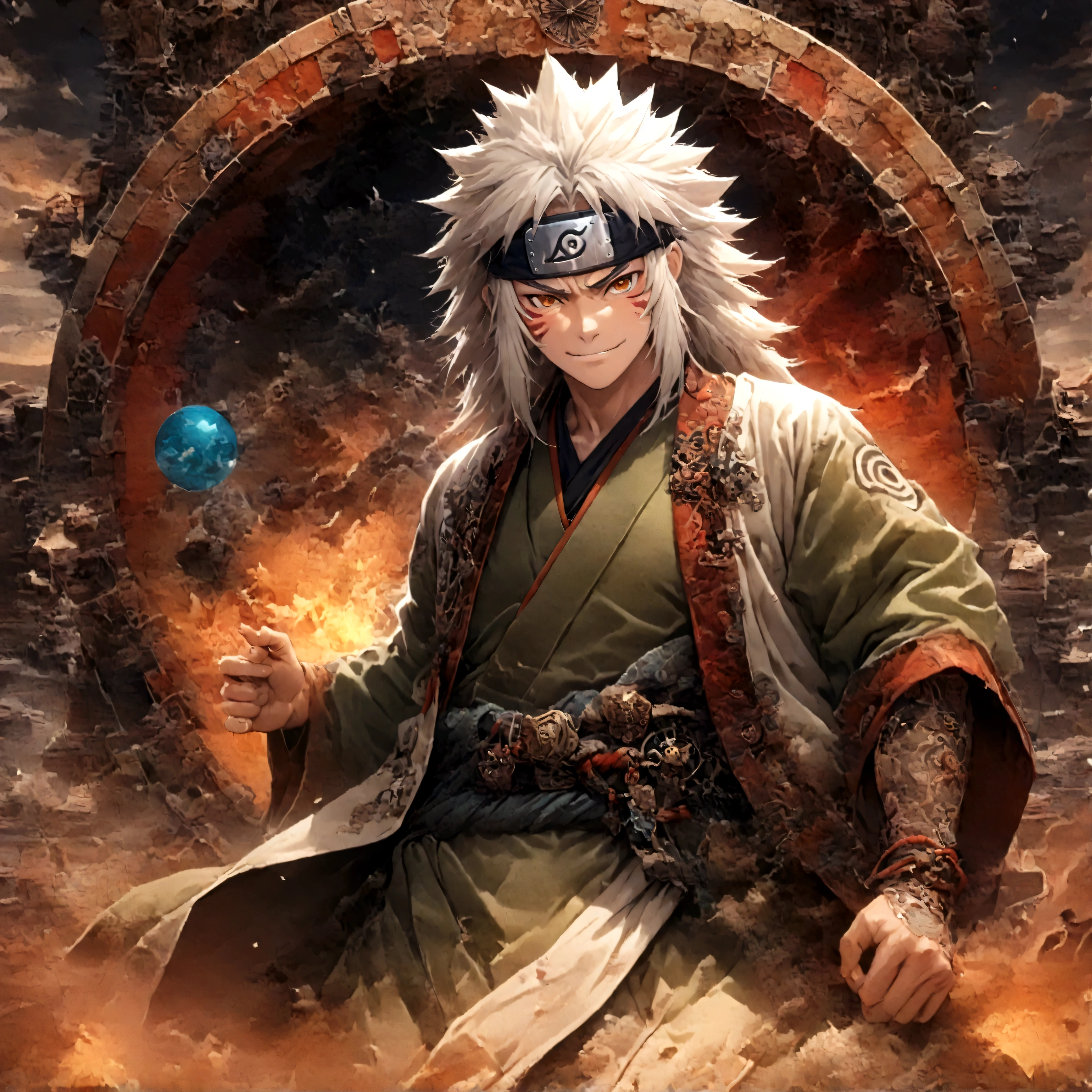 (1 middle-aged male,jiraiya,Green kimono,White Haori),solo,comics『NARUTO』Characters in,,Using Ninjutsu,Battle Style,Cynical Smile,Ninjutsu Effects,Enjoy the battle,Moderate dirt,,tattoo,Forehead protector,Digital Art,An illustration,Intricate details,Intricate details,Wide range of colors,artwork,rendering,,(highest quality:1.4),(Very detailed:1.5),High resolution,Very detailed,unity 8k wallpaper,Draw artistic background,yin and yang,Five Elements,Ninjutsu,