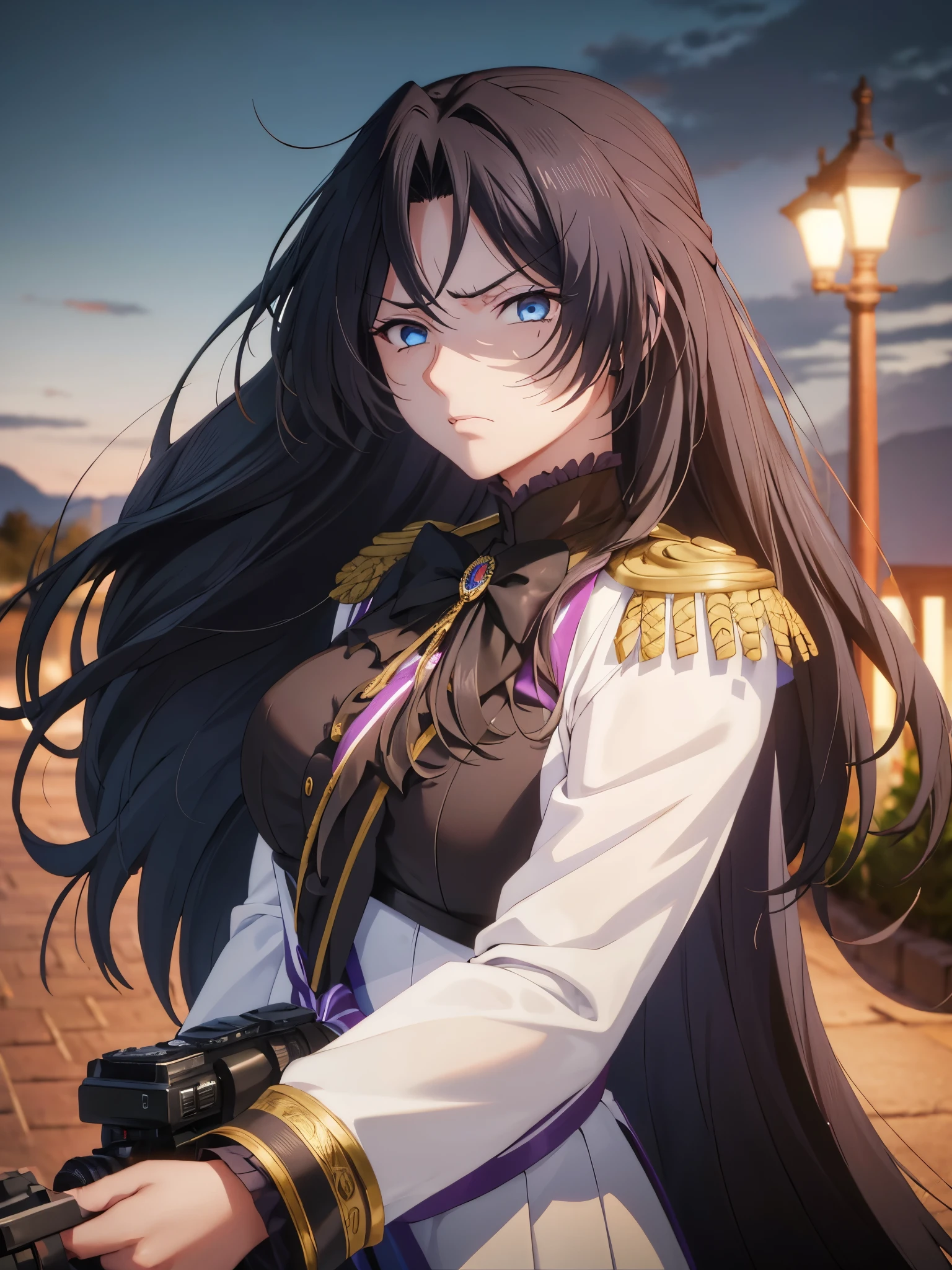 1 woman,Facing right,Angry expression, camera angle from the side, photo from the side, looking away,,Black hair, long hair,blue eyes, standing, Army uniform , ultra detail, ultra HD,close up photo,at night,in park