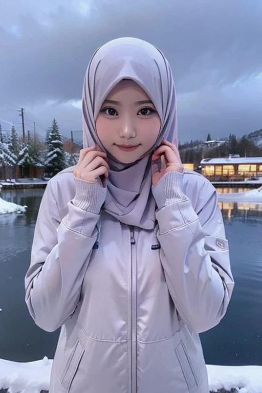 japanese muslim girl, pasmina hijab, perfect body figure, thick winter jacket with hood, lilac jacket, snowy city landscape