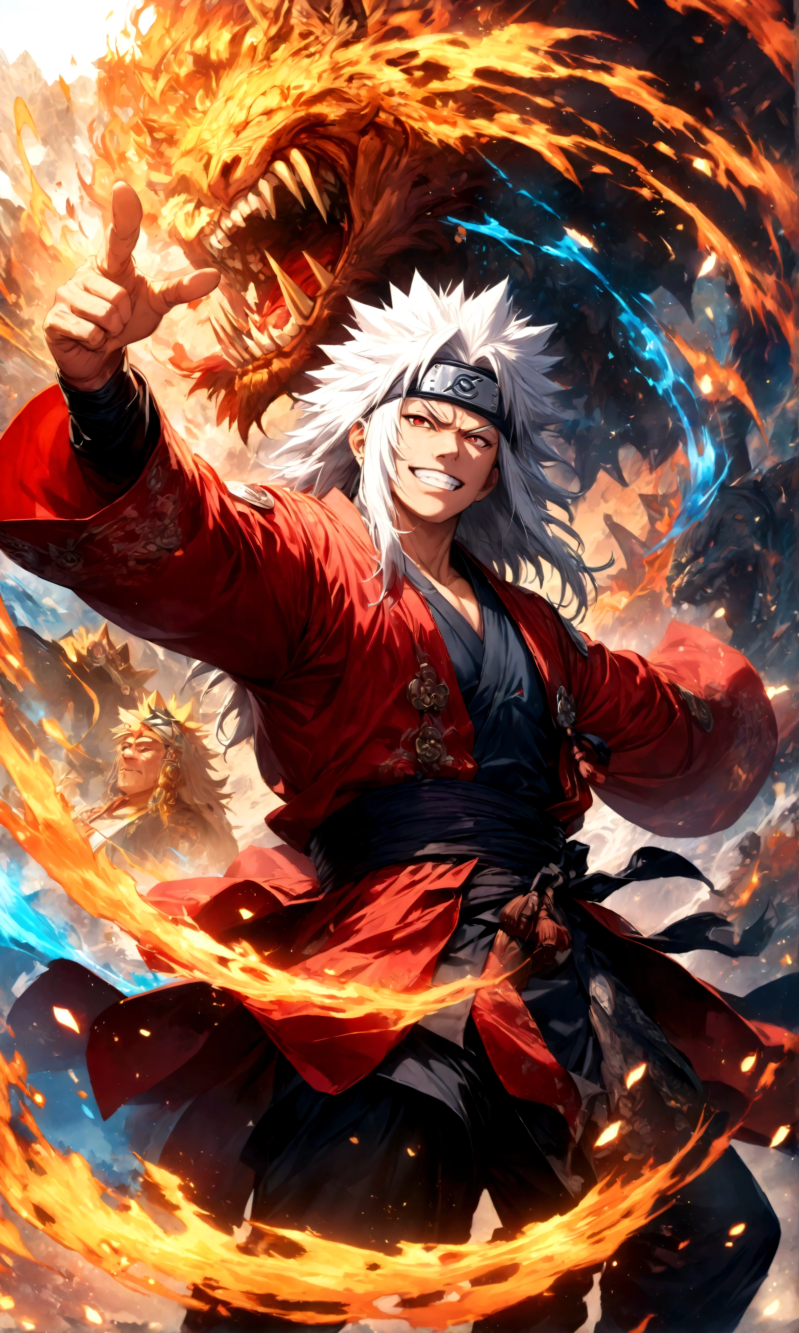 (1 middle-aged male,jiraiya),comics『NARUTO』Characters in,The unfolded scroll,Use of witchcraft,Battle Style,Cynical Smile,Sorcery Effects,Intricate details,Wide range of colors,artwork,rendering,(masterpiece:1.3),(highest quality:1.4),(Very detailed:1.5),High resolution,Very detailed,unity 8k wallpaper,Enjoy the battle