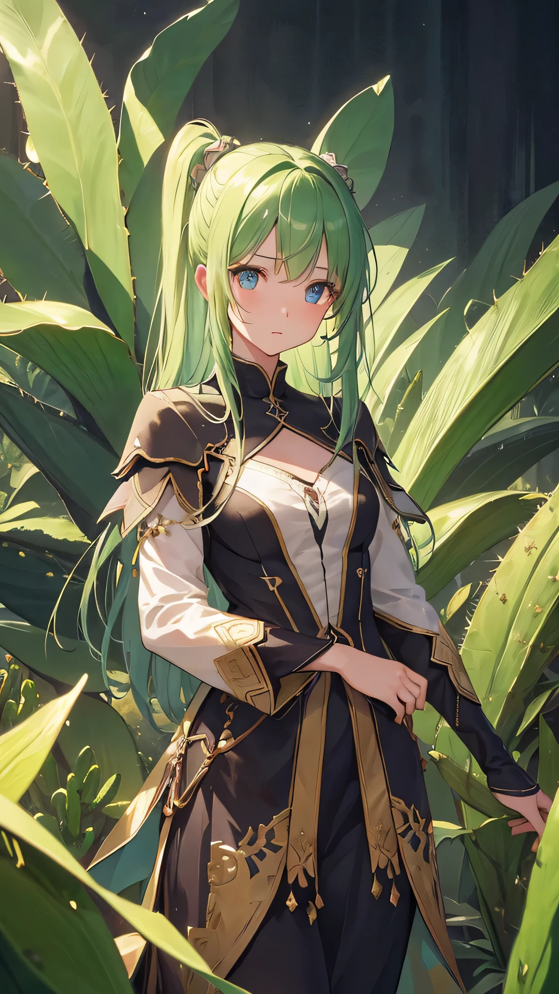 Cactus themed artwork, ((highest quality)), High resolution, 8k, Cinematic Light, High Contrast, Written boundary depth、、sharp、beautiful, Strong brilliance, Detailed Background, One Girl, cute, fine grain, Shining Eyes, Detailed Iris、