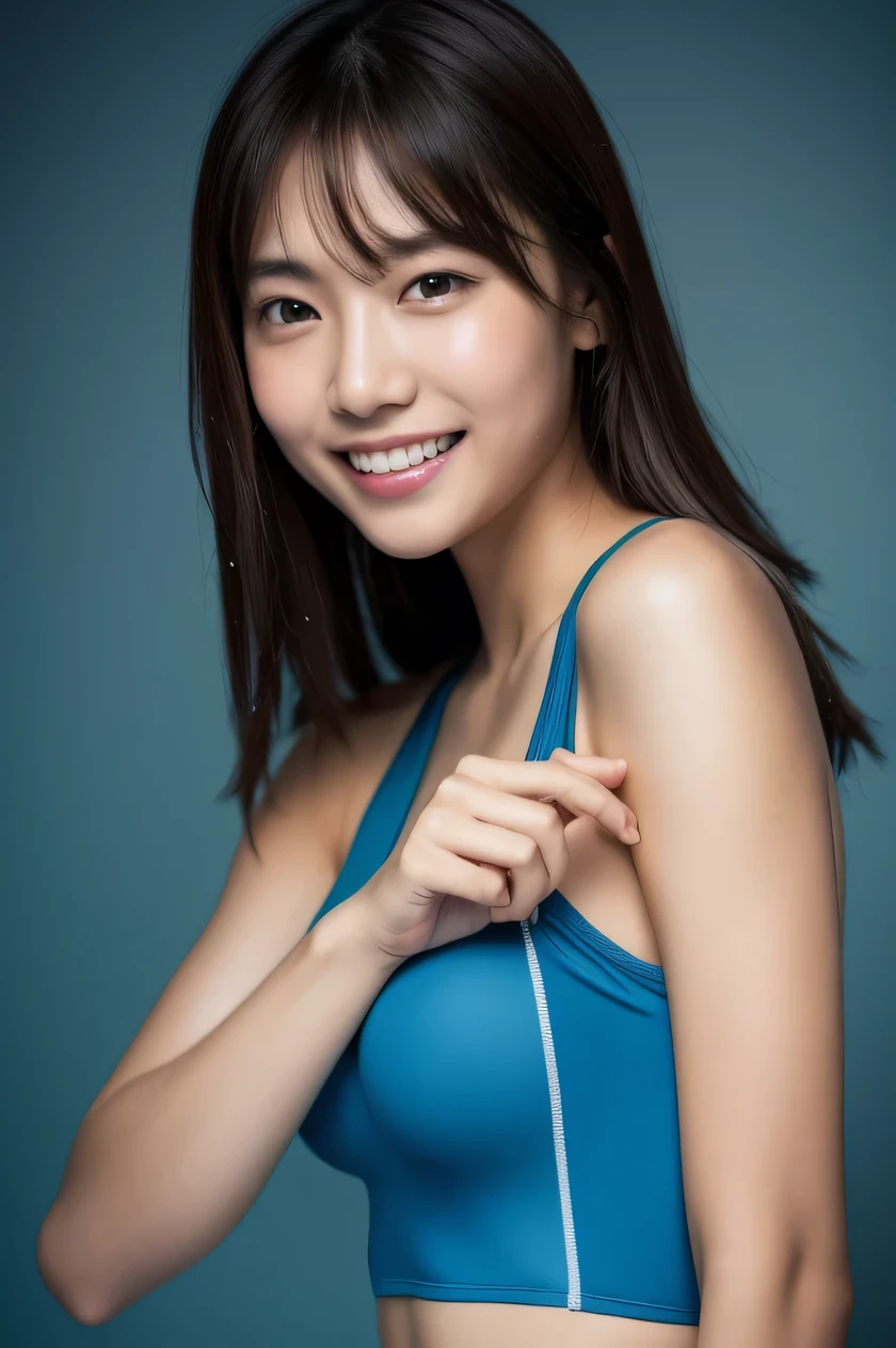 The beauty of 8K raw photos:2.0, Japanese woman, brown hair, beautiful face and dark eyes, looking up, looking at the viewer:1.5, big smile, wet hair, tiny top, put hands on the hip, (blue swim wear:1.2), shinny skin, realistic:1.9, very detailed, full body shot:1.2, High resolution RAW color photos, professional photos, mono color wallpaper, standing,