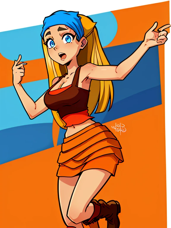 ((Best quality)), ((Masterpiece)), (detailed), (Detailed face:1.2), (Detailed eyes:1.2), (Perfect figure:1.2),1girl, solo,  Lindsay_Total_Drama, blue eyes, long hair, blonde hair, (Wearing: blue bandana, head scarforange tank-top, (orange skirt, short skirt), red undershirt, brown boots), open mouth,
