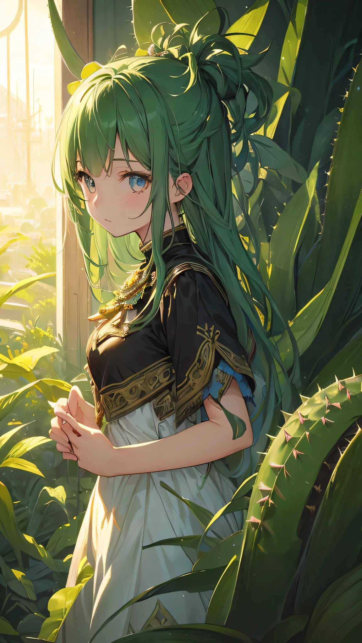 Cactus themed artwork, ((highest quality)), High resolution, 8k, Cinematic Light, High Contrast, Written boundary depth、、sharp、beautiful, Strong brilliance, Detailed Background, One Girl, cute, fine grain, Shining Eyes, Detailed Iris、