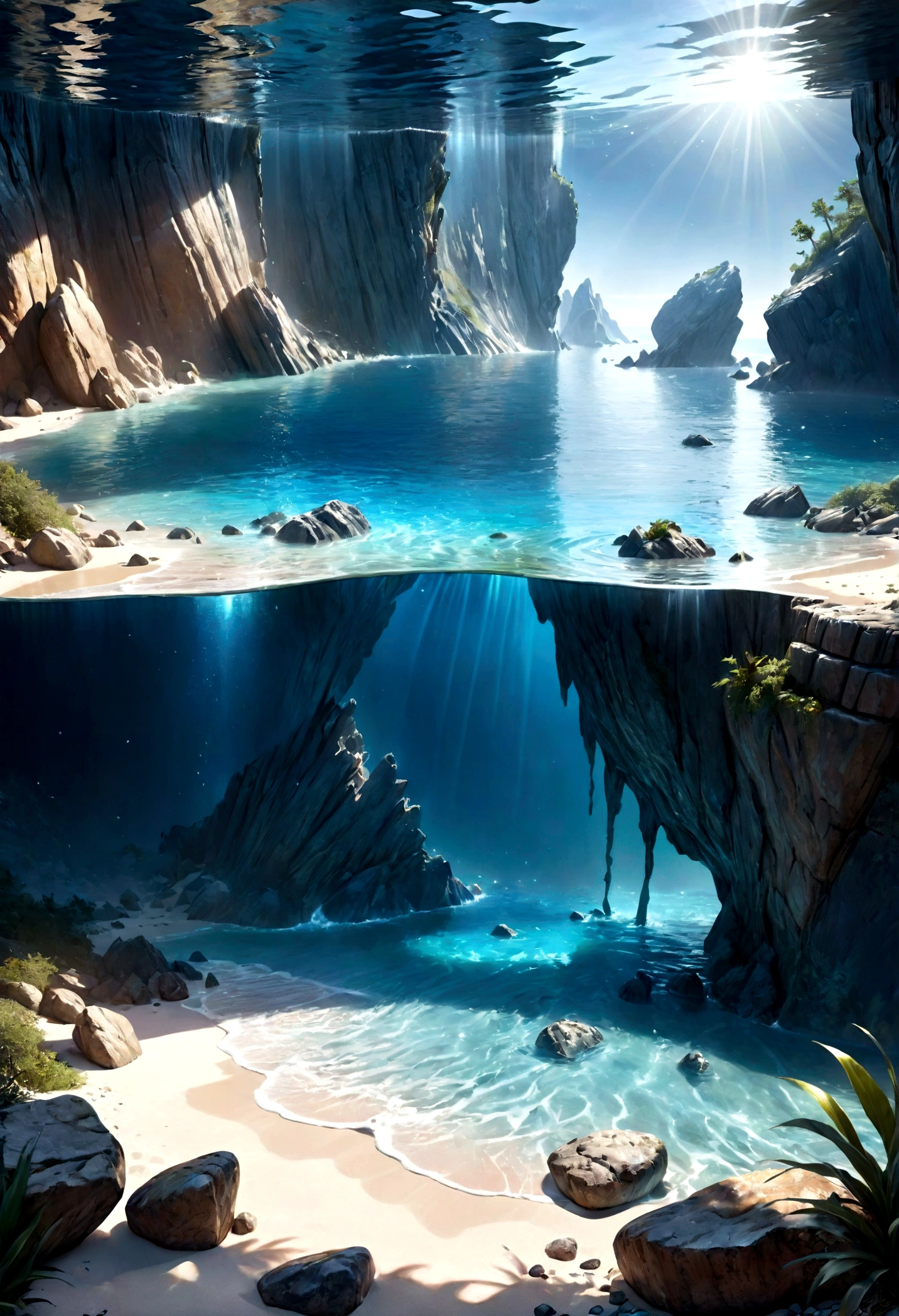 (highest quality,4K,8k,High resolution,masterpiece:1.2),Super detailed,(Realistic,photoRealistic,photo-Realistic:1.37),In the water,Bright blue water,rock layer,Fantasy,Mysterious,dramatic lighting,Cinematic,Mysterious,Shine,Calm,quiet,Atmospheric,dramatic,Sulky,Surreal