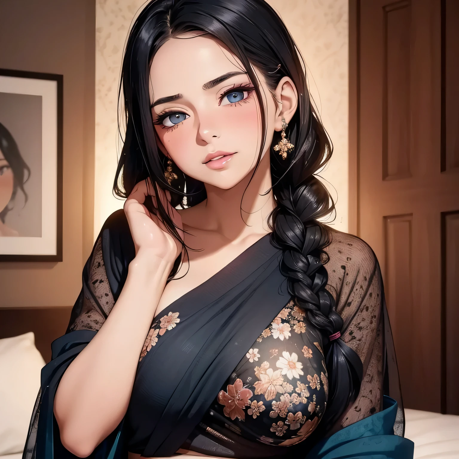 Amazing portrait of a sexy woman with her black hair tied in a braid and a beautiful fair toned face with amazing eyes and her perfect lips parted with blush on her cheeks with a flustered yet lustful expression on her face wearing a black blouse paired with a sheer floral blue saree in a bedroom at night time