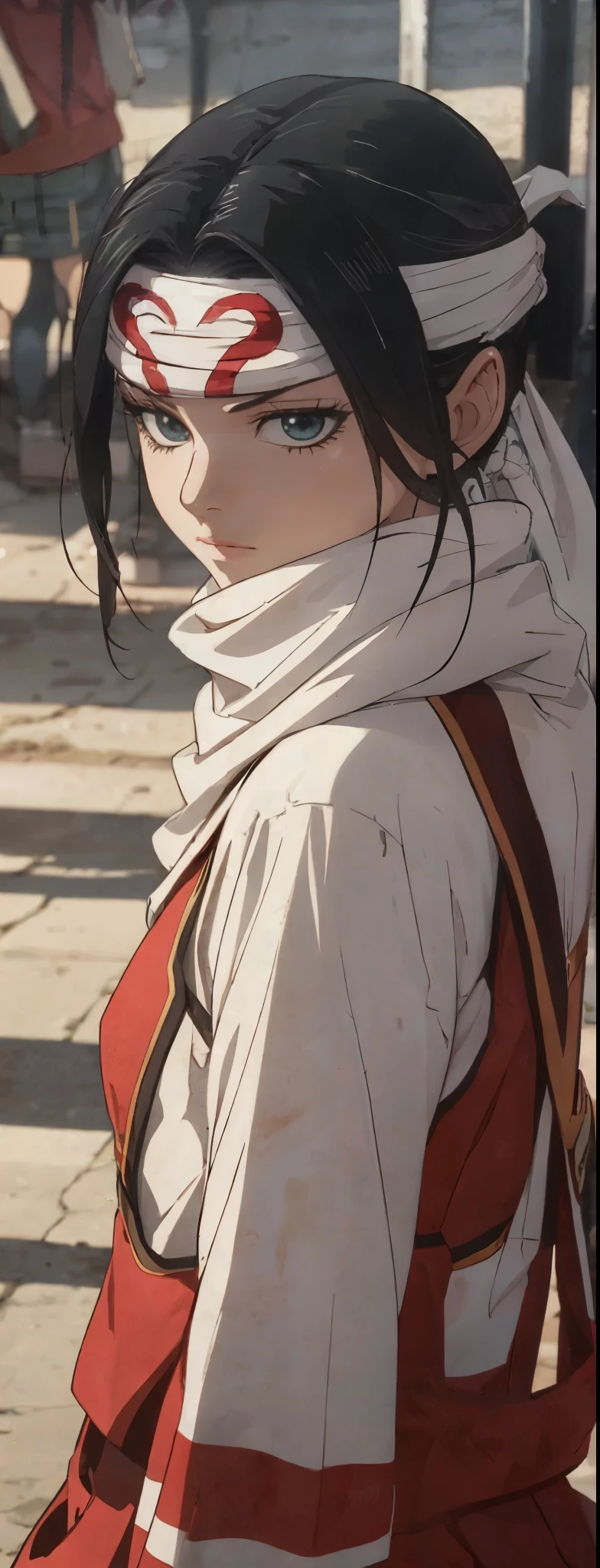 1 girl standing  together black hair,, anime style, , 8k, super detail, high details, accurate, masterpiece, UHD, best quality, award winning, 4K looking at viewer emotionless expressionless mindless cowboy shot  side view bandana on forehead looking at viewer 