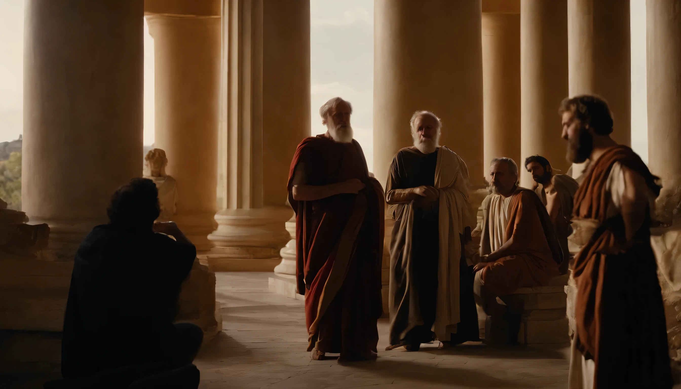 Philosophers discussing Stoicism in the painted porches of ancient Athens and the refined corridors of Rome