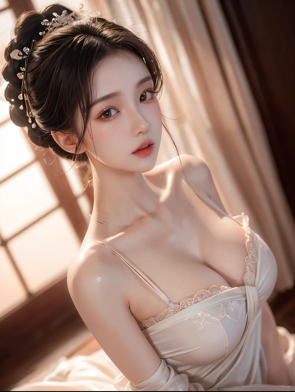 （（Ultra-high resolution））（best quality）（Ray Tracing）（Environmental adaptation）（Highest quality）A girl，gentle，Sexy，Delicate face，Interlaced details，Complex texture，Tender white skin，Slightly curly hair，artwork，Holy，Cleavage，clavicle，Pale skin，Pink lips，Lace，Tall，full，Split，perspective，Wet