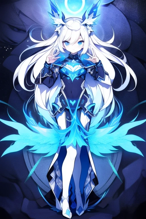 Girl, K HD, 4K, expressionless, anime style, blue eyes, white hair, ((full body)), puzzled eyes, (deformer character) Masterpiece, highest quality, ultra-definition, 4K, ultra-definition illustration, high resolution Beautiful face and eyes , light blue color scheme, lighting, fantasy, solemn atmosphere, long hair, waving hair, smile, fighting posture, dynamic pose, particle light, luminescence, plasma, electric current, blue flame, sense of depth, dynamic angle,angel wing, ((lotus position)),