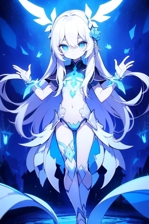 Girl, K HD, 4K, expressionless, anime style, blue eyes, white hair, ((full body)), puzzled eyes, (deformer character) Masterpiece, highest quality, ultra-definition, 4K, ultra-definition illustration, high resolution Beautiful face and eyes , light blue color scheme, lighting, fantasy, solemn atmosphere, long hair, waving hair, smile, fighting posture, dynamic pose, particle light, luminescence, plasma, electric current, blue flame, sense of depth, dynamic angle,angel wing, ((lotus position)),