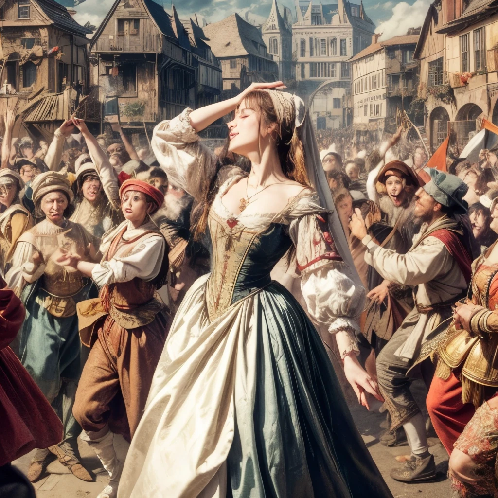 A captivating cinematic scene of the Dancing Plague of 1518, portrayed with dramatic intensity. The bustling streets are filled with people wildly dancing and flailing their arms, losing themselves in the frenzied movement. At the heart of the chaos, Frau Troffea, the first to be affected, is depicted in a detailed traditional 16th-century costume. Her eyes closed, she dances uncontrollably amidst the backdrop of her fellow citizens. The ominous clouds in the sky cast a sinister shadow over the town, amplifying the eerie atmosphere of the historic event., cinematic