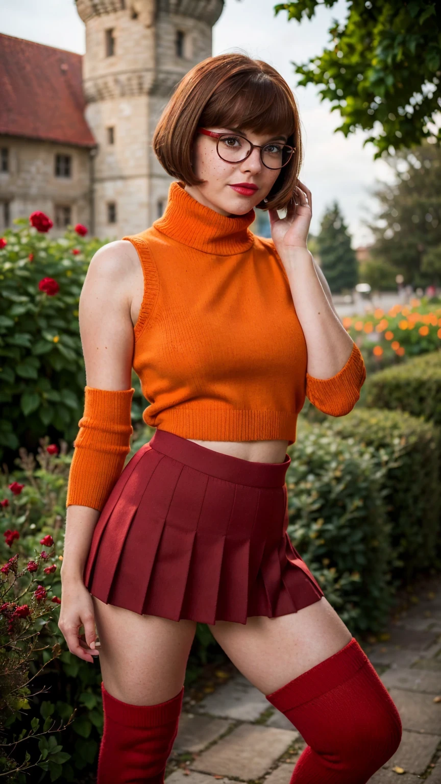 (masterpiece), (best quality), (1girl), (solo), (epiCRealLife), (European Model), (young woman), (n4t4l13p), (brown eyes), (brown hair), (freckles), (large breasts), (show cleavage), (velmadinkley turtle neck sweater top), (orange sleeveless sweater), (red lipstick), (velma dinkley glasses), ((velma dinkley bobcut hairstyle), (scarlet red skirt), (red cotton pleated skirt), (cotton pleated skirt), (orange knee high socks), (velmadinkley red Mary Jane shoes), (Mary-Jane shoes), (daytime), (ample light), (daylight), (outdoor), (in a castle garden), (beautiful plants),  (pose for pictures),, (look at viewer), (close portrait), 