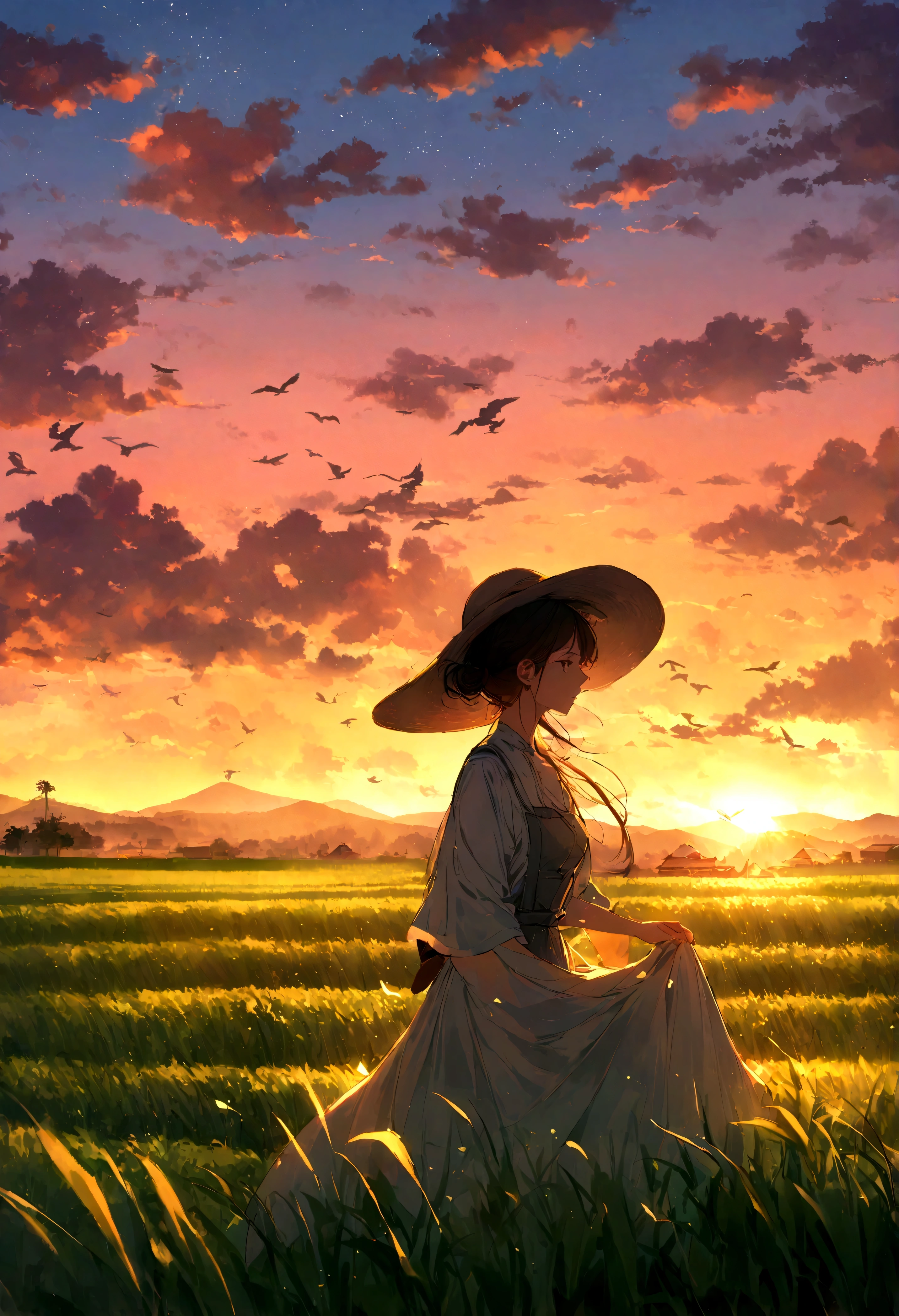 (thrilling, Practical, Vibrant colors, 8K),Rice fields and sunset, golden hour lights, Tall and lush green rice, The reflection of the sky sparkles on the water, The breeze gently sways the plants, The background is a distant mountain, Peaceful atmosphere, Peace and tranquility, The air is a little hazy, Soft and warm sunshine, Farmer wearing traditional hat, Bending over to work in the fields, Beautiful movements, Rustling leaves, A flock of birds flying in the sky, Create a sense of harmony
