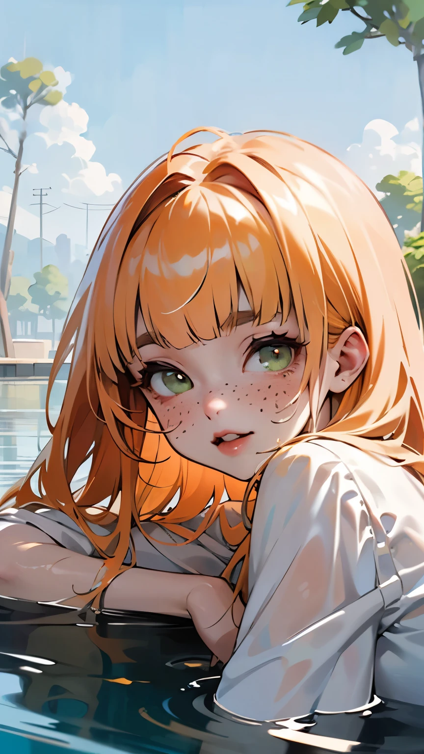 ((mejor calidad)), ((obra maestra)), (detallado), 1 chica, white woman, big, bright green eyes, freckles on her face, long straight orange hair with red gradient downwards, orange bangs on her forehead, in a pond of water in the middle of nature, cute anime animation style