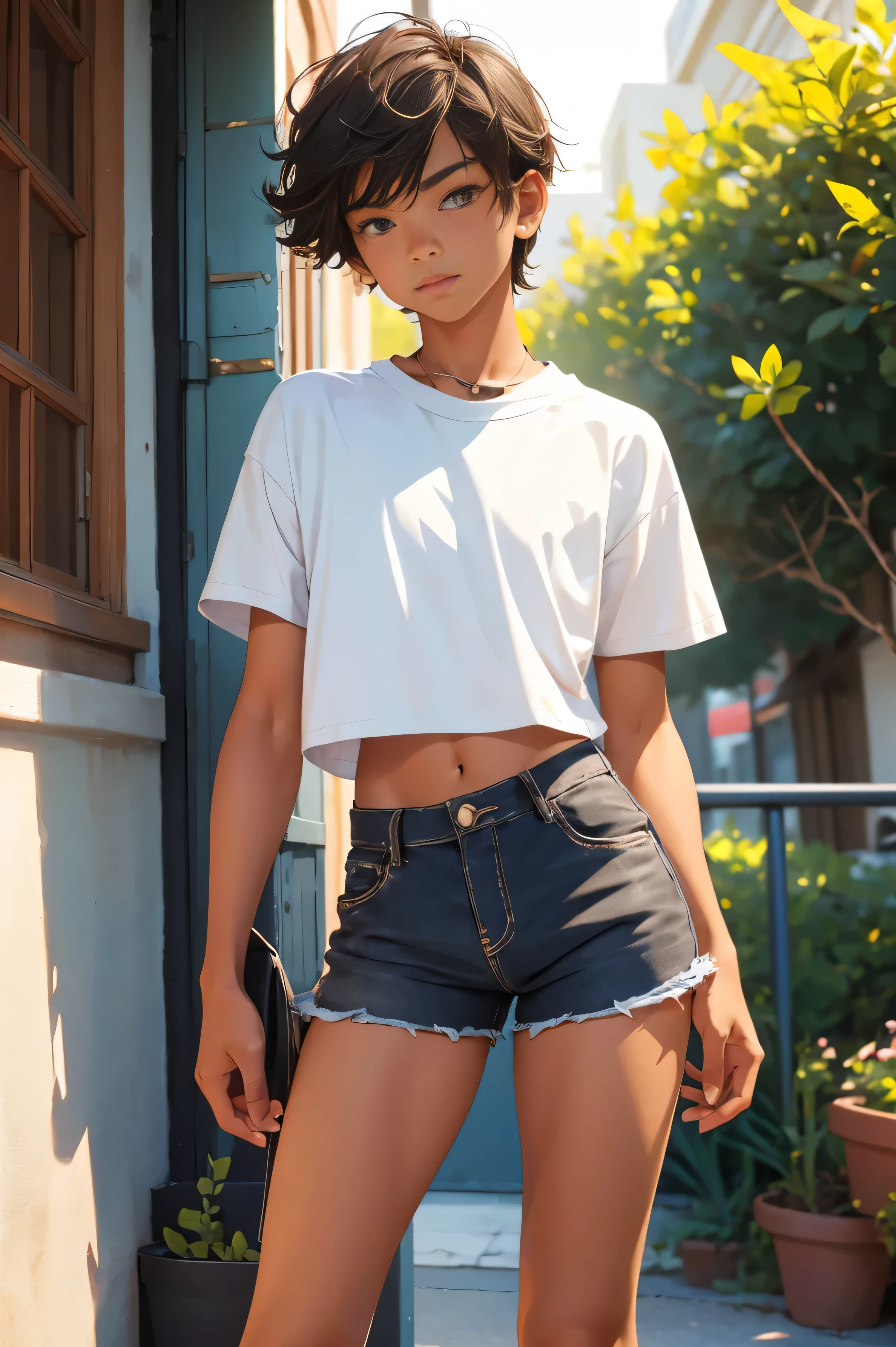 Teen boy 16 years old, beautiful teen boy is wearing a cropped shirt and too very much short mini shorts, the boy's legs are beautiful, tanned, flirty posing, hot summer, top quality,