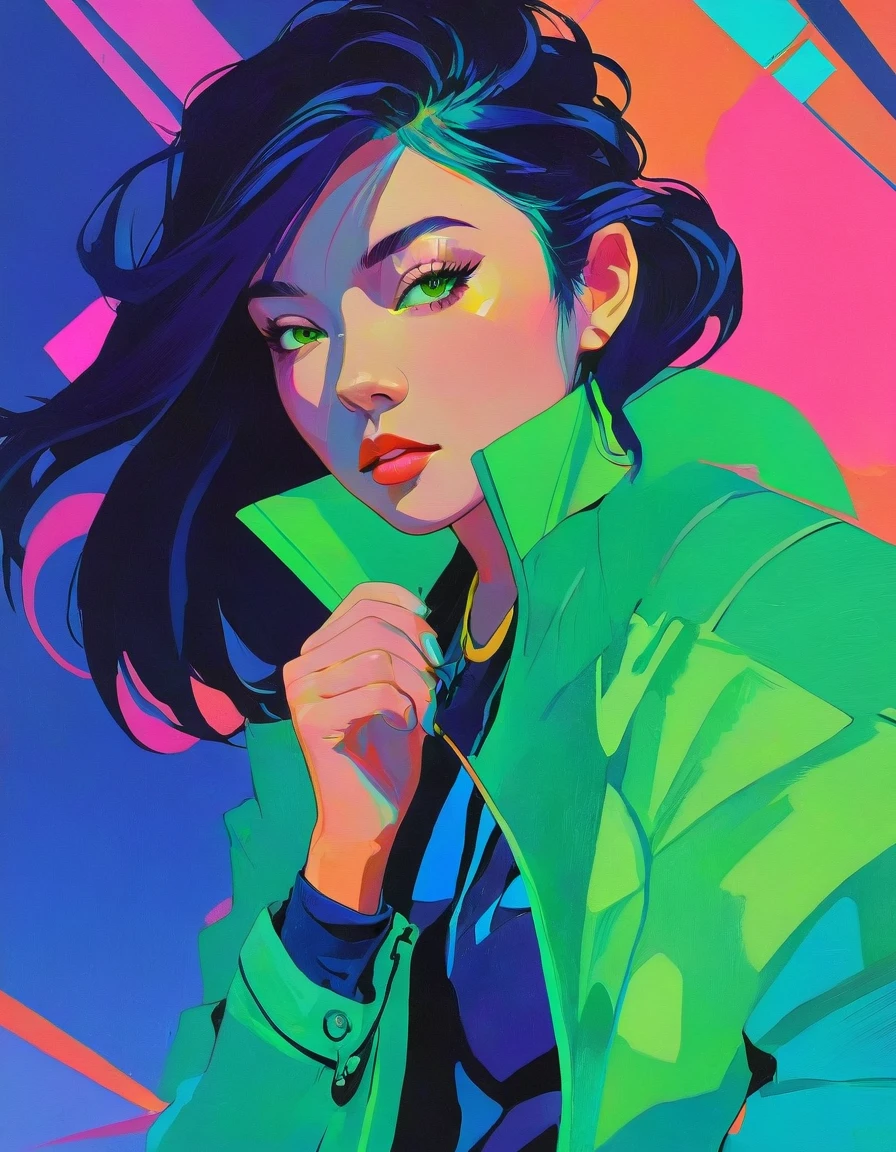 a close up of a woman with a bright green jacket, inspired by Russell Dongjun Lu, jen bartel, vibrant fan art, neon version of style jim burns, neon noir, by Galen Dara, kilian eng vibrant colours, with a blue background, kilian eng vibrant colors, by Pedro Pedraja, cmyk portrait, by Shinoda Toko
