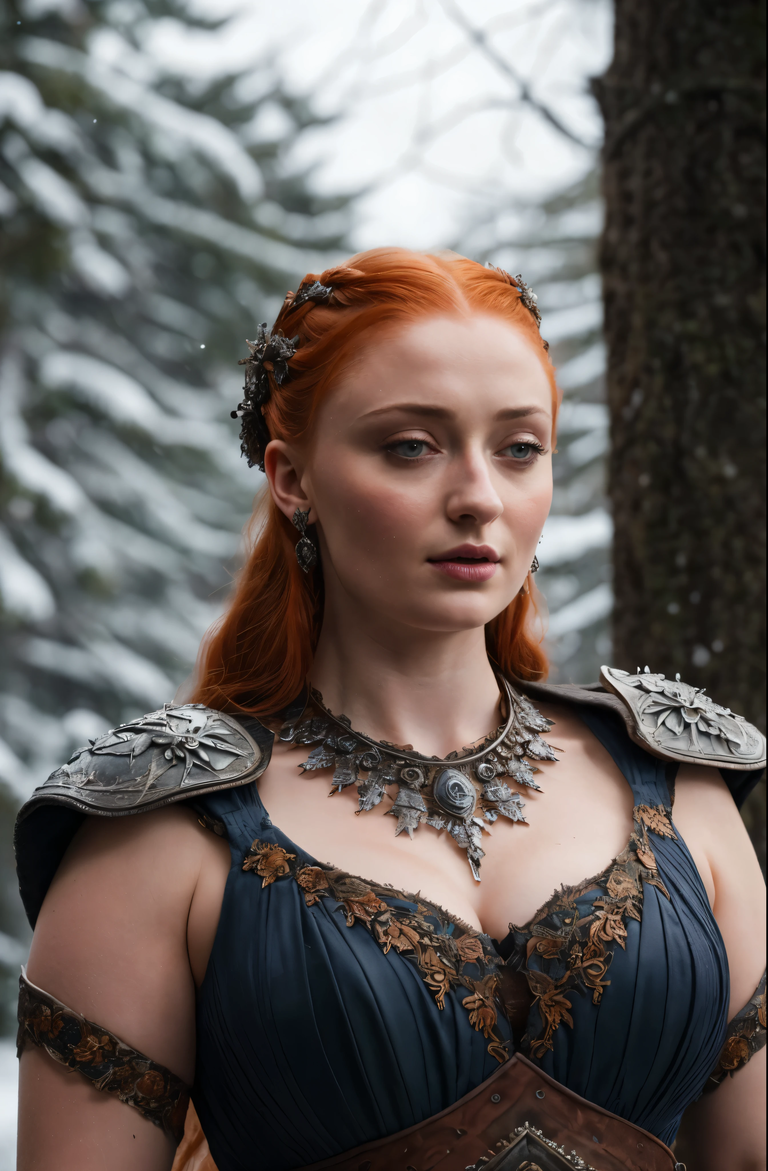 Face of Sophie Turner, Sansa Stark played by Sophie Turner, the de facto Lady of the Eyrie, is a 40-year-old mature queen with a stunning, alluring appearance. Full Face, Full figured woman, pierced eyes, reddish lips, upper body shot, erotic Mediaeval costumes, game of thrones costumes, She wears a Game of Thrones-inspired costume and has a deep cleavage, a perfect thick body, and a perfect thick figure. The photograph captures her in a close-up, with her skin texture and facial features being ultra-realistic and realistic. Juicy thick figure, high quality skin, Skin pores, amazing details, snow, snow flakes, semi realistic, extremely detailed eyes, dark moody orange and black settings, cool environment, artificial intelligence