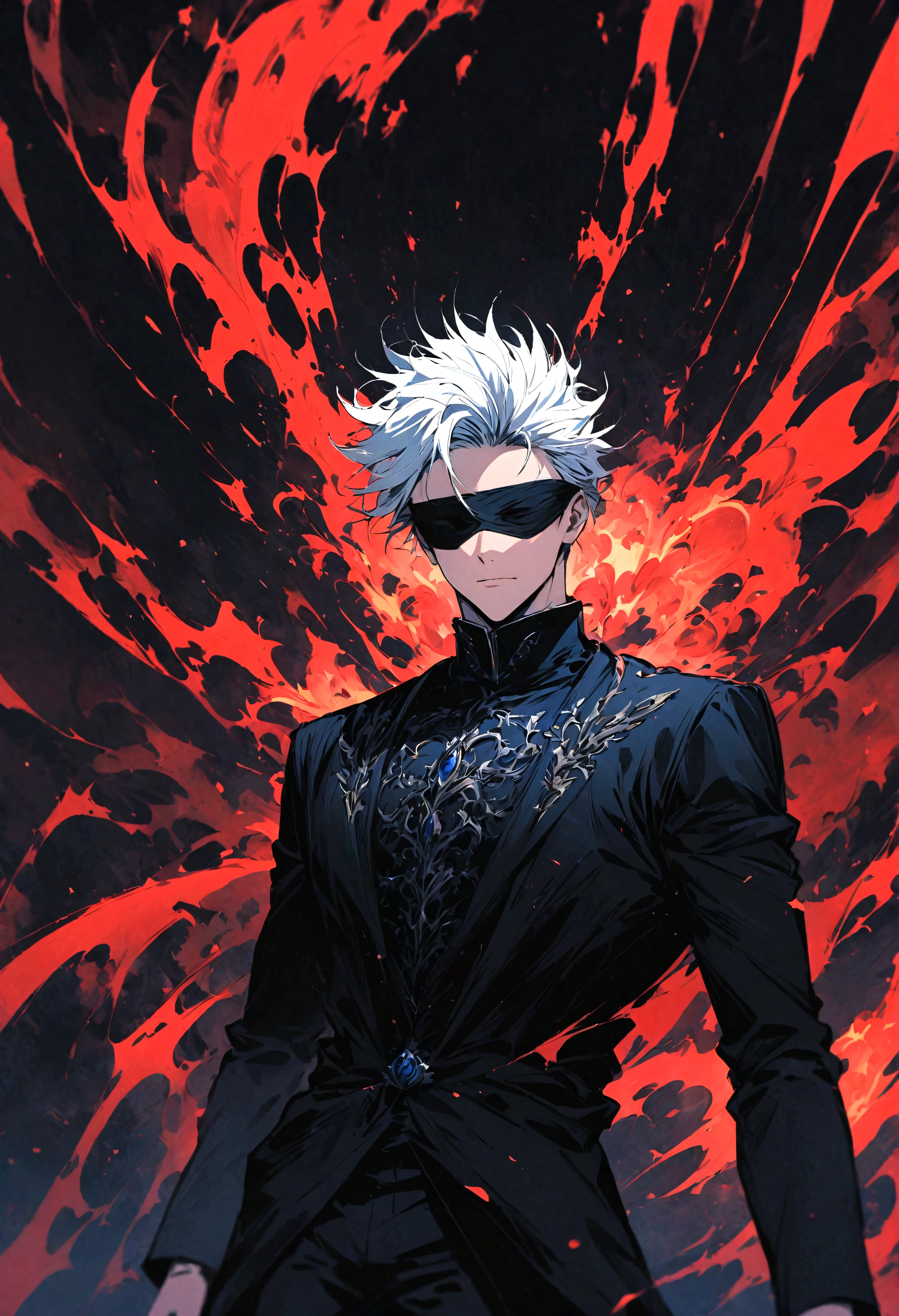 1 male,satoru gojo,jujutsu kaisen,,Create an image of Satoru Gojo from the manga and anime 'Jujutsu Kaisen' by Gege Akutami, capturing one of his iconic scenes. Gojo is a tall, slender man with white hair, usually wearing a black blindfold or sunglasses. Depict the moment when he unleashes his powerful technique 'Infinite Void' (Infinite Emptiness). Show him removing his blindfold, revealing his mesmerizing blue eyes, and surrounded by a dazzling display of energy and light. His expression should be intense and confident, exuding his unparalleled strength. The background can be a dark, swirling void or a dramatic battle scene, emphasizing the overwhelming power of his technique. Include special effects like radiant blue auras, energy waves, and intricate patterns to convey the mystical and formidable nature of his ability.,Midori Ishida's painting style,Intricate details,Detailed depiction of hair,Use black and white as your main colors,Decadent,artwork,Perfect Anatomy,Anatomically correct,,Dynamically,nice,wonderful,Dark fantasy,Light and Darkness,