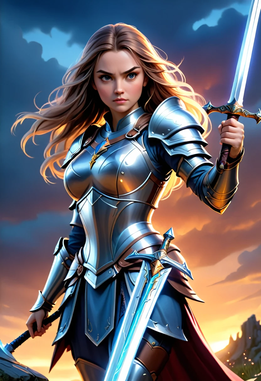 a female warrior, medieval fantasy knight, heavily armored, holding a sword, fierce expression, long flowing hair, intricate armor details, glowing magical energy, dramatic lighting, cinematic pose, epic landscape background, (best quality,4k,8k,highres,masterpiece:1.2),ultra-detailed,(realistic,photorealistic,photo-realistic:1.37),fantasy art, digital painting, dramatic colors, dramatic lighting