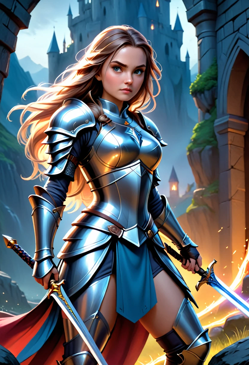 a female warrior, medieval fantasy knight, heavily armored, holding a sword, fierce expression, long flowing hair, intricate armor details, glowing magical energy, dramatic lighting, cinematic pose, epic landscape background, (best quality,4k,8k,highres,masterpiece:1.2),ultra-detailed,(realistic,photorealistic,photo-realistic:1.37),fantasy art, digital painting, dramatic colors, dramatic lighting