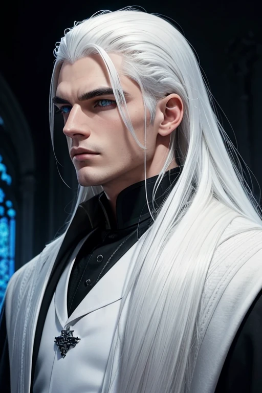 Master piece, man with white hair, white eyebrows, blue eyes, all black clothes, long hair, shaved face, dark church background,