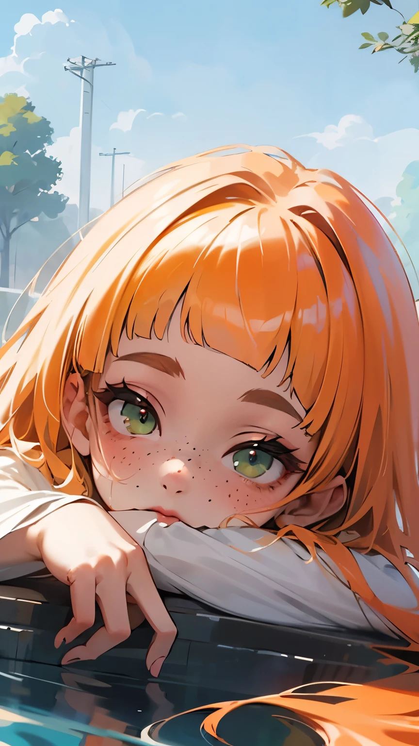 ((mejor calidad)), ((obra maestra)), (detallado), 1 chica, white woman, big, bright green eyes, freckles on her face, long straight orange hair with red gradient downwards, orange bangs on her forehead, in a pond of water in the middle of nature, cute anime animation style