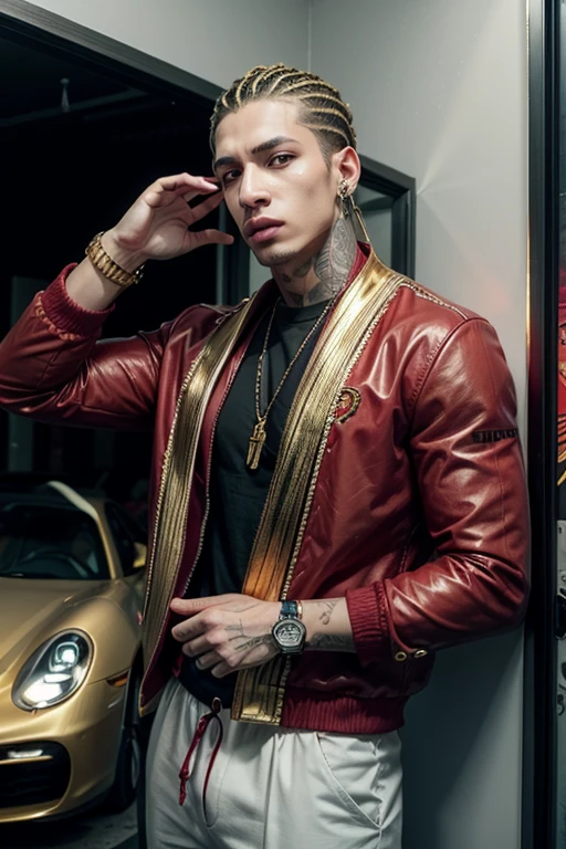 poderia fazer uma imagem IA, com um fantasma, with gold cord, Gold watch and a red Porsche with a gold line on the sides and a rich ghost design on the door