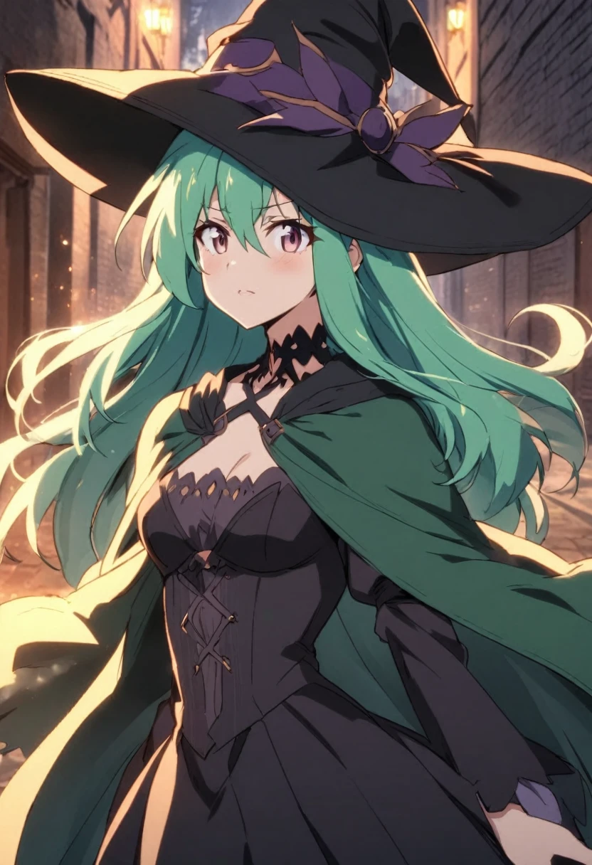 a close up of a person wearing a hat and dress, flirty anime witch casting magic, gothic maiden anime girl, anime girl with long hair, fashionable dark witch, in a cloak with long hairs, anime girl wearing a black dress, dark witch character, witch academia, with a green cloak, witch girl, classical witch, green hair, haloween, backgraund night alley, older