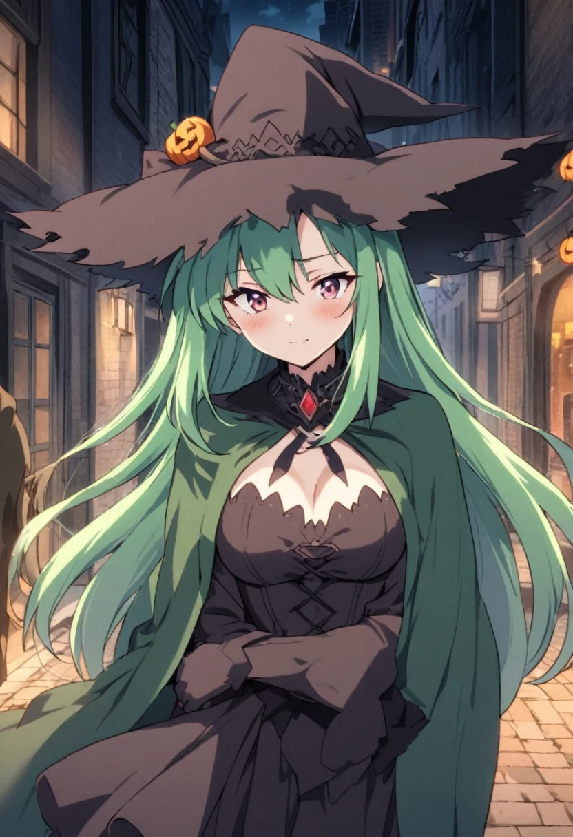 a close up of a person wearing a hat and dress, flirty anime witch casting magic, gothic maiden anime girl, anime girl with long hair, fashionable dark witch, in a cloak with long hairs, anime girl wearing a black dress, dark witch character, witch academia, with a green cloak, witch girl, classical witch, green hair, haloween, backgraund night alley, older