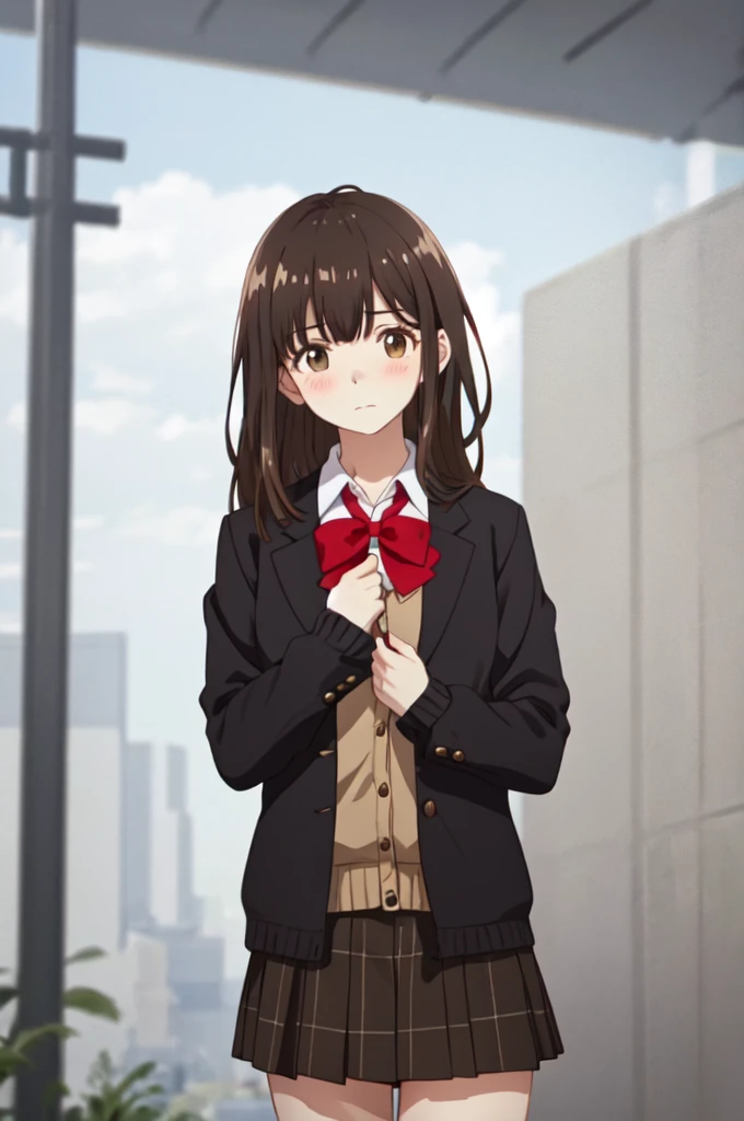 looking at the audience, from the side,  looking off to the side, Upper Body,1 Girl, Solitary, , Casual suits, brown hair, Plaid skirt, Long sleeve, Bangs, Open clothes, open jacket, Brown eyes, Pleated Skirt, long hair, bushing, Red bow tie, Shut up, Sleeves extend beyond wrists, Red bow tietie, black jacket, blush, Brown skirt, hands up, Collared shirt, mini skirt, White shirt, Cardigan, sweater, A faint smile, outdoor, sky, 