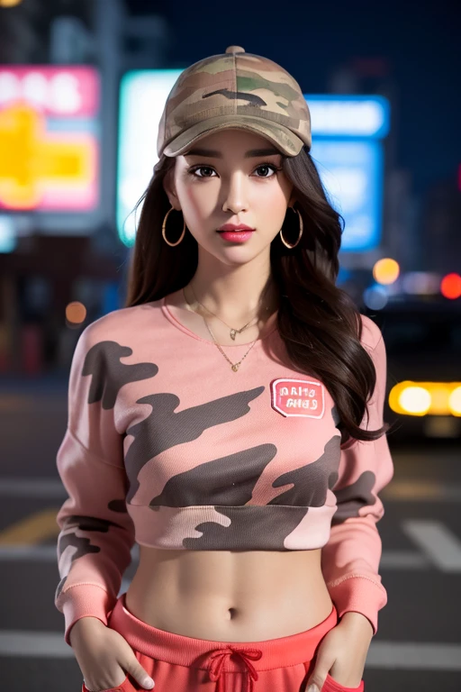 1girl, beautiful, smirk, wearing a hat, earrings, red camo sweatshirt, red_short shorts, long hair, brown hair, mascara, nose lips, standing, midriff, naval, earrings, (realistic:1.5), cyberpunk, neon city, neon lights, 3d, cgi, volumetric lightning